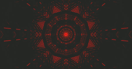 A vibrant pattern made of red shapes radiates from the center against a dark background, creating an...