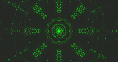 A mesmerizing green digital tunnel appears to swirl with intricate geometric patterns. The vibrant...