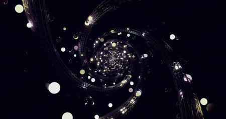Swirling lights in a dark spiral pattern creating a cosmic effectの写真素材