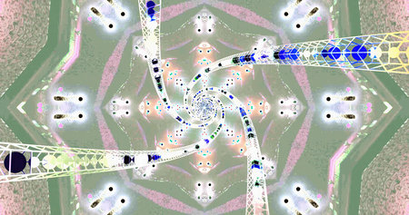 Colorful abstract pattern with spiraling shapes and geometric designs