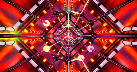 Neon lights create abstract patterns in a vibrant spaceの写真素材