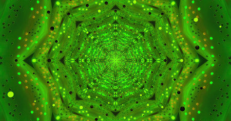 Vibrant green kaleidoscopic pattern with glowing dots and shapes