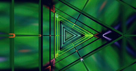 Vibrant geometric patterns in green and blue colors create an illusion