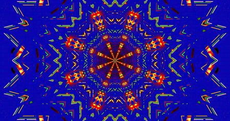 Colorful geometric patterns create a vibrant kaleidoscope effect