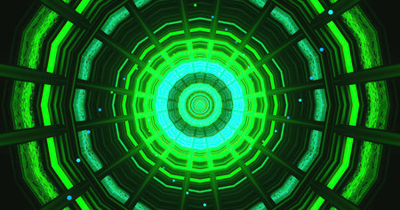 Vibrant green tunnel with intricate patterns and glowing lights