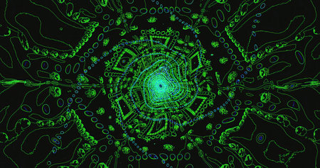 Bright green abstract spiral design with geometric patterns