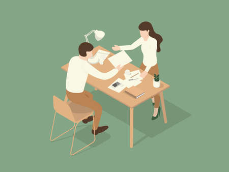 The employee was told by the boss to fix the job. Isometric Illustration about working on the table.のイラスト素材