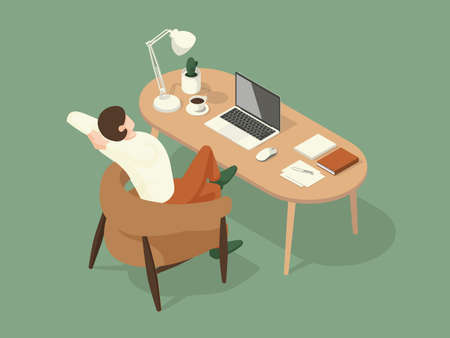 man sat and stretched while working on the desk. Isometric Illustration about 
working on the table.のイラスト素材