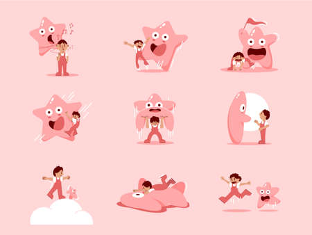 Dream story between a child and a star dream. Flat Design Illustration about dream.のイラスト素材