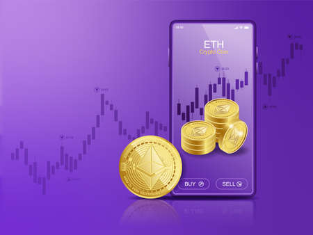 Trade Ethereum ETH on mobile through the system Cryptocurrency. Perspective Illustration about Crypto Coins.のイラスト素材