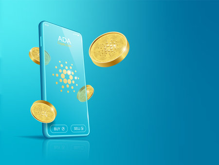 Trade Cardano ADA on mobile through the system Cryptocurrency. Perspective Illustration about Crypto Coins.のイラスト素材