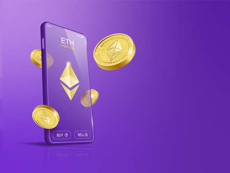 Trade Ethereum ETH on mobile through the system Cryptocurrency. Perspective Illustration about Crypto Coins.のイラスト素材