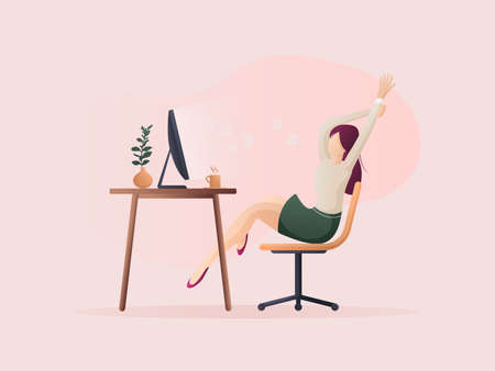 Woman stretch after work is done.  Flat design Illustration about working on the table.のイラスト素材