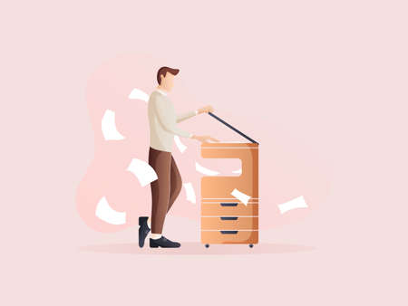 Man stands for copying while other sheets of paper are flying. Flat design Illustration about Photocopy in the office.のイラスト素材