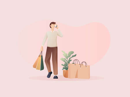 Man talks on the phone while holding a bag of merchandise. Flat design Illustration about shopping online and offline.のイラスト素材