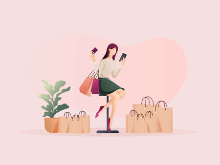 Woman made an order with happiness. Flat design Illustration about shopping online and offline.のイラスト素材