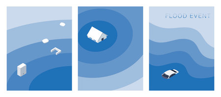 Vector illustration of a flooded house, house, car, furniture showing flooding icons. natural flood...