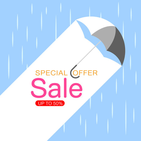 Monsoon season sale. design with umbrella on raining drops background. Vector.のイラスト素材