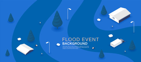 Vector illustration of a flooded house, house, car, furniture showing flooding icons. natural flood disaster iconのイラスト素材
