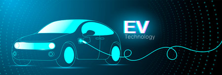EV. Electric car connect to charging station on blue background. Eco power, EV charger, alternative energy, rechargeable battery, auto industry, future technology. vector. Abstract ev world with neon lines. Creative futuristic concept. Modern template for web and print.のイラスト素材