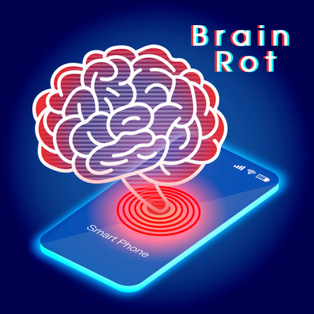Brain Rot: The Impact on Young Adult Mental Health. The Impact of Low-Quality Online Content.A visual commentary on the decline of critical thinking due to overexposure to low-quality social media content.brain graphic.のイラスト素材
