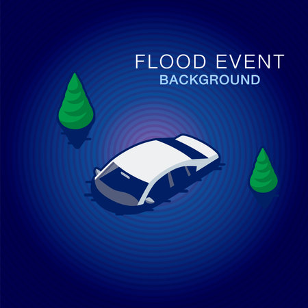 Vector illustration of a flooded house, house, car, furniture showing flooding icons. natural flood disaster iconのイラスト素材