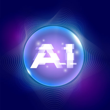 A glowing sphere with the text "AI" in a futuristic digital font. The background is deep blue with wavy, dotted patterns, creating a high-tech, cybernetic feel.のイラスト素材