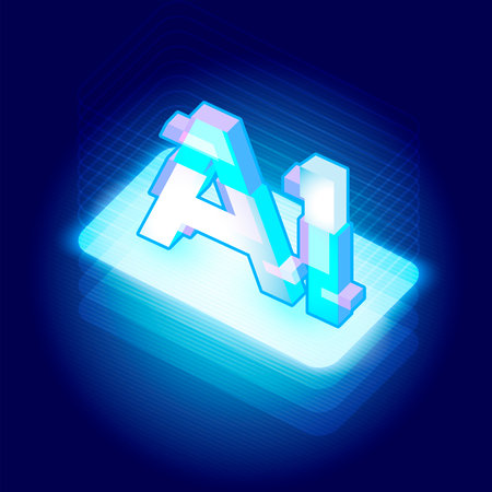glowing "AI" text in a futuristic, neon 3D style, floating above a digital platform. The background is dark blue with grid lines, enhancing the tech-inspired theme.のイラスト素材