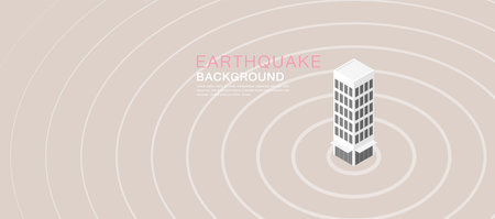 modern building at the epicenter of an earthquake. Concentric shock waves radiate outward, illustrating the impact and intensity of seismic activity.のイラスト素材