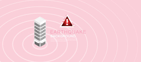 This vector image shows a tall building with ripple waves, representing an earthquake. A red alert icon adds urgency. Clean, minimal style suits infographic or poster use.のイラスト素材