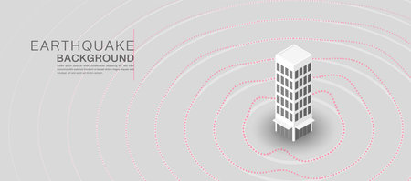 This vector image shows a tall building with ripple waves, representing an earthquake. Clean, minimal style suits infographic or poster use.のイラスト素材