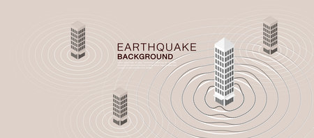 Earthquake concept with isometric skyscrapers and ripple shockwaves, representing seismic energy spreading through a modern city environment.のイラスト素材