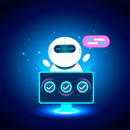 AI Assistant chatbot character appears from a glowing screen, showing task completion with...