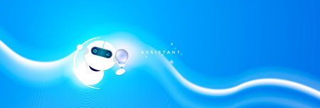Futuristic AI chatbot assistant with a glowing lightbulb icon on a flowing digital wave background. Ideal for technology, innovation, and virtual assistant concepts.のイラスト素材