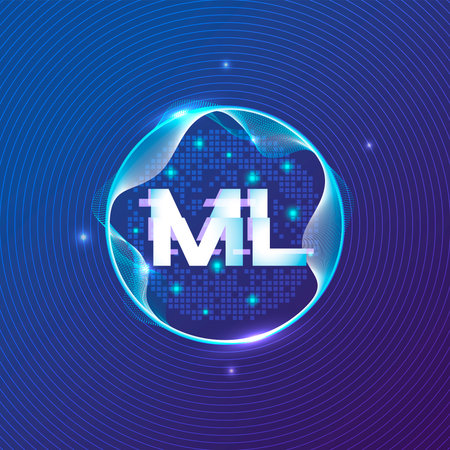 Machine Learning (ML) text in a tech sphere surrounded by flowing data waves and a glowing digital field. Ideal for AI, ML, and big data design themes.のイラスト素材