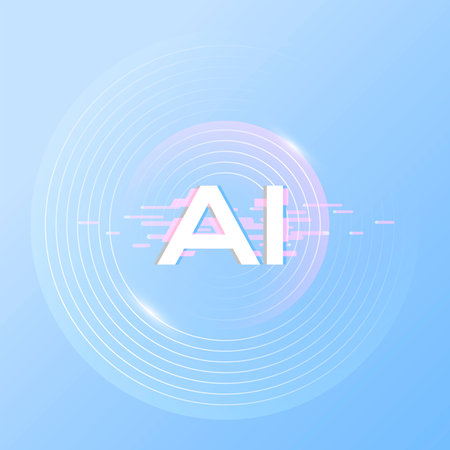 Abstract AI background in minimal style with glowing circular lines and binary tech elements. Light blue futuristic design for artificial intelligence, machine learning, or digital innovation concept.のイラスト素材
