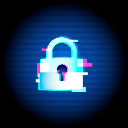 Neon glitch padlock symbol showing business cybersecurity, data privacy, secure systems, and protection against digital threats.のイラスト素材