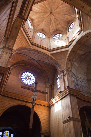 Interior of a wood church at Chiloe island, Chile.のeditorial素材