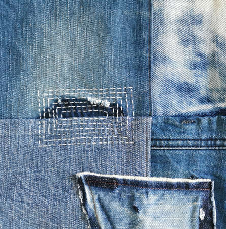 mixed jeans fixing and repaired, denim fabric background, old jeans, stitch, sewing