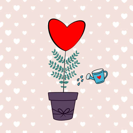 illustration of a red heart shape plant in a purple pot, green leaves and gardening watering pot on heart shape pattern backgroundのイラスト素材