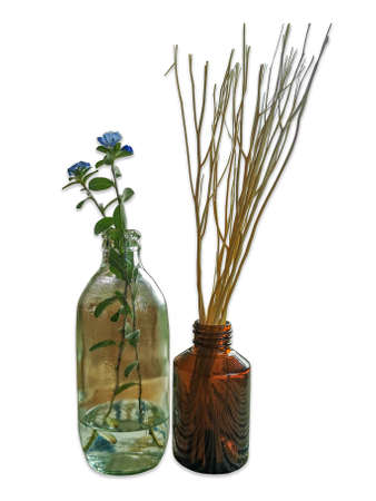 Isolated decoration bottles with flower and branches, die cut images of two bottles, one bottle with...