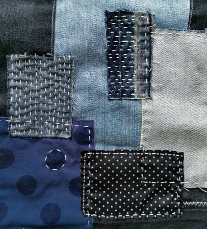 Mixed fabric patch work, denim jeans, blue polka dot pattern printed, black denim and white stitched...
