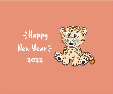 A vector, illustration of a young leopard tiger, yellow-orange with black dot pattern, sitting on pastel orange background with text happy new year 2022のイラスト素材
