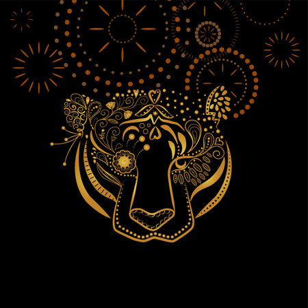 A vector, illustration of a tiger with gold gradient face, graphic flower, dot and line elements on firework graphic backgroundのイラスト素材