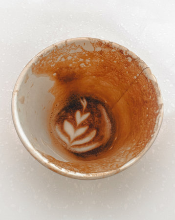 Top view of a cup of coffee with latte art on white backgroundの写真素材