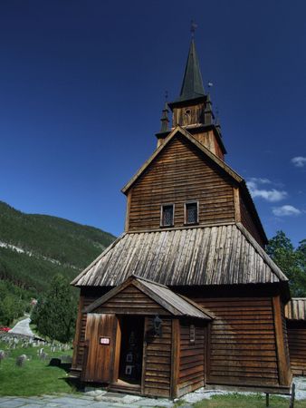 A wooden church typical for Norway. Historical ecclesiastic architecture.の写真素材