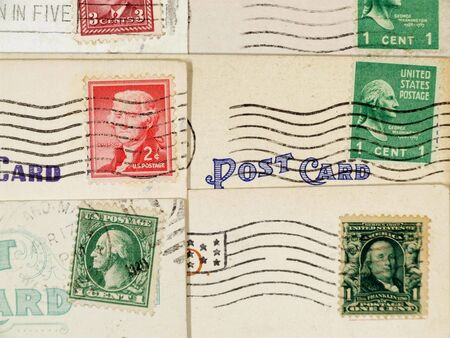 Used postcards. Old, antique correspondence cards. Mail related objects.