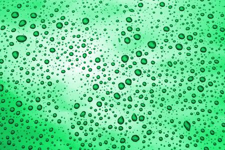 Water drops background - green reflective texture with clear water.の写真素材