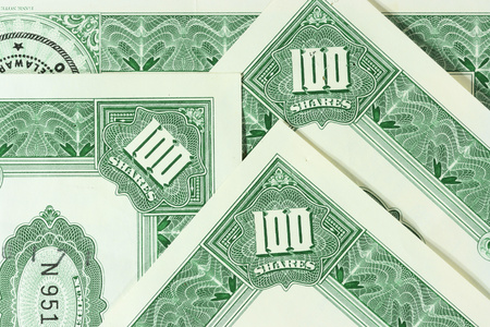 Close-up of a few 100 shares certificates. Vintage scripophily objects.の写真素材