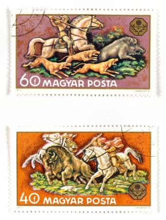 Collectible stamps from Hungary. Set with hunting.の写真素材